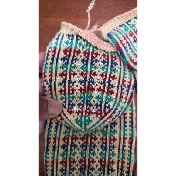 Ethnic Turkmen Hand-Knitted Multicolor Striped Woolen Socks With Sequin Detailin - Picture 4 of 5